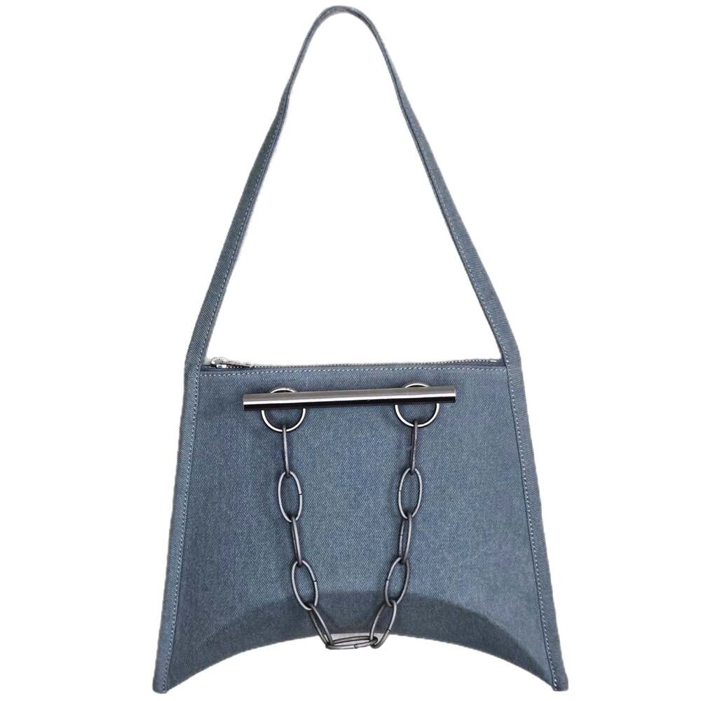 Custom Viavia Denim Crecent Shoulder Bag with Metal Bar and Chain